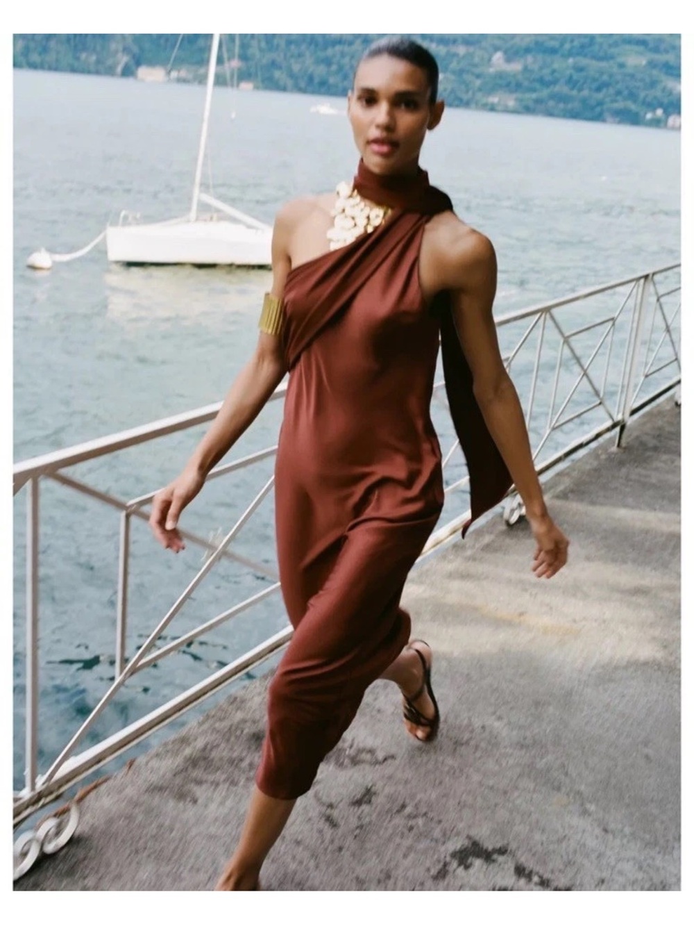 Zara One-Shoulder Copper-Brown Midi Dress